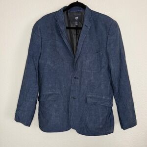 H&M Mens 44R Slim‎ Fit Navy Linen Blazer Wedding Soft Shoulder Beach Ivy Preppy
